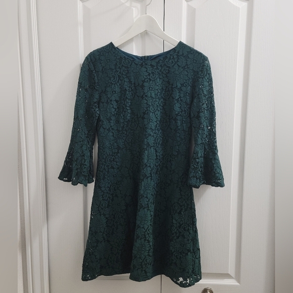 Lulu's Favorite Flair Forest Green Lace Flounce Sleeve Dress - Picture 12 of 13